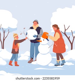 Cartoon mother, father and child play in house yard, boy holding tree branch to make snowman with parents together. Happy family people build snowman in winter snow scenery