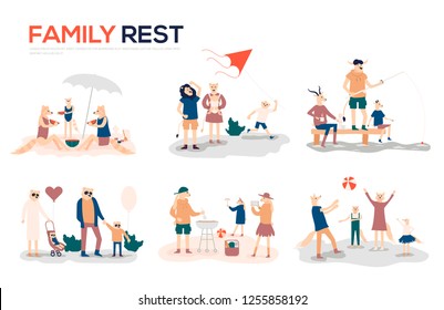 Cartoon mother, father and children sunbathing, walking, swimming, fly a kite, fishing, preparing barbecue together. Collection of family outdoor recreational activities vector 