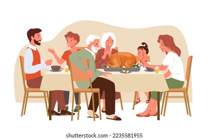 Cartoon mother and father, grandparents and kids sitting at home table with feast meals, characters eat cooked turkey together and talking. Thanksgiving dinner for happy big family