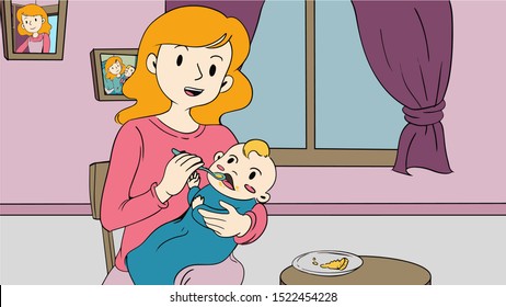 Cartoon of Mother feeding her baby. Characters and related items. Vector illustration. Eps 10