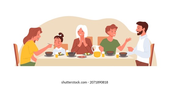 Cartoon mother feeding little daughter, father, son, grandmother sitting at dining table and eating isolated on white. Happy family time concept. Family people eat dinner at home vector illustration