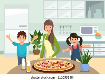 Cartoon mother feeds children with cooked pizza in kitchen. Family lunch.Vector illustration. Clipart. Flat style.