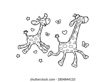 Cartoon mother giraffe and baby giraffe run.Vector drawing silhouette outline black and white illustration coloring book for children.Background with butterflies,stars and hearts.