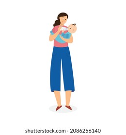 Cartoon mother giving baby a milk bottle - happy parent and child standing isolated on white background. Young woman feeding little boy with formula drink, vector illustration.