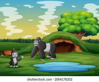 Cartoon a mother gorilla with her cub in the meadow