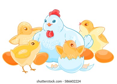 Cartoon mother hen sits on the eggs. Brood of cute little Chicks. Vector illustration.T-shirt print. Greeting card.