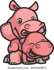 cartoon mother hippo and baby hippo playing together of illustration