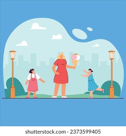 cartoon mother holding huge ice cream daughters park woman girls having fun together flat vector design illustration
