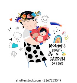 Cartoon Mother hugging Big Heart with Children
