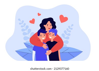 Cartoon Mutter umarmt zwei zehn Söhne. Lächelnde Frau umarmt Jungen flache Vektorgrafik. Familie, Mutterschaft, Liebe, Pflege, Beziehungskonzept für Banner, Website-Design oder Landingpage