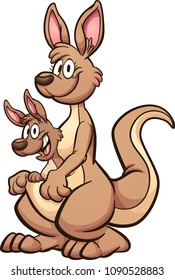 Cartoon mother kangaroo with baby on pouch. Vector clip art illustration with simple gradients. All in a single layer. 