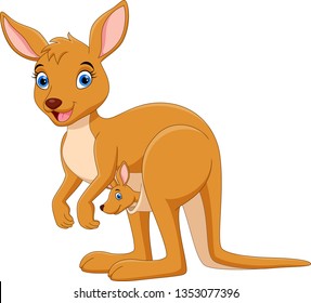 Cartoon mother kangaroo with a cute baby