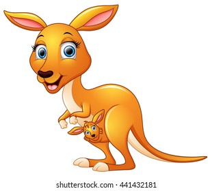 Cartoon mother kangaroo and her baby