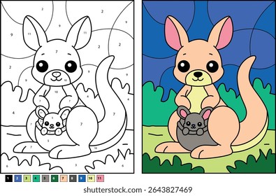 Cartoon mãe canguru com joey. Cor divertida por número e versões coloridas para atividades infantis.