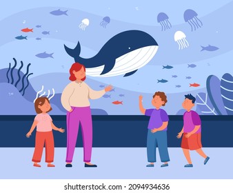 Cartoon mother and kids looking at ocean animals in aquarium. Woman and children at underwater zoo flat vector illustration. Family, marine fauna concept for banner, website design or landing web page