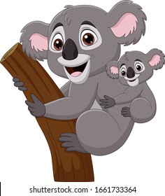 Cartoon mother koala and baby on a tree branch