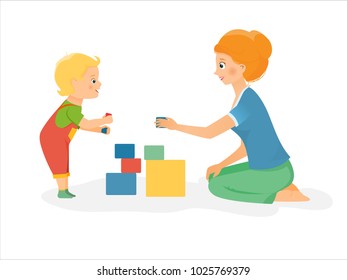 Cartoon mother plays with kid. Vector illustration. Isolated on white background