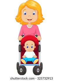 Cartoon a mother pushing a baby stroller