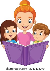 Cartoon mother reading a story book with her children