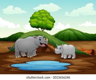 Cartoon a mother rhino with her cub at nature