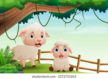 Cartoon mother sheep and child in the forest
