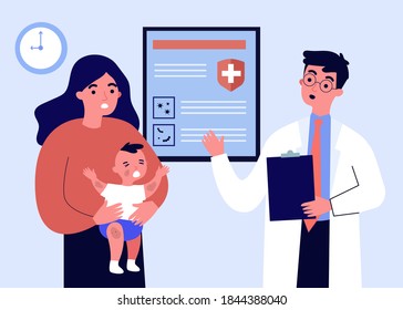 Cartoon mother showing to doctor her baby with rash. Visit, physician, eruption flat vector illustration. Healthcare and medicine concept for banner, website design or landing web page