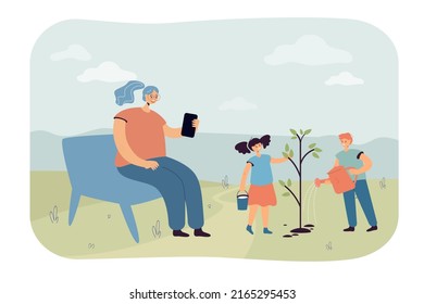 Cartoon mother sitting on bench and children watering tree. Boy and girl planting tree, woman resting with phone flat vector illustration. Spring, gardening, family concept for banner, website design