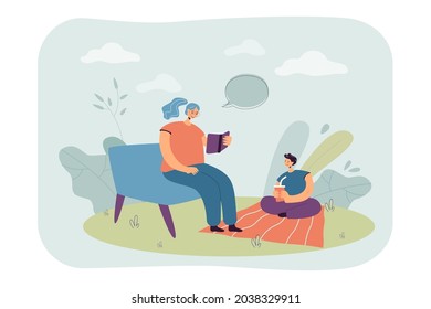 Cartoon mother sitting on sofa and reading book to son. Boy sitting on floor and listening to woman flat vector illustration. Family, parenting concept for banner, website design or landing web page