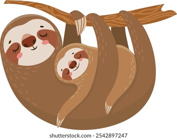 Cartoon mother sloth is hanging upside down from a tree branch with her baby sloth clinging to her, both with serene expressions