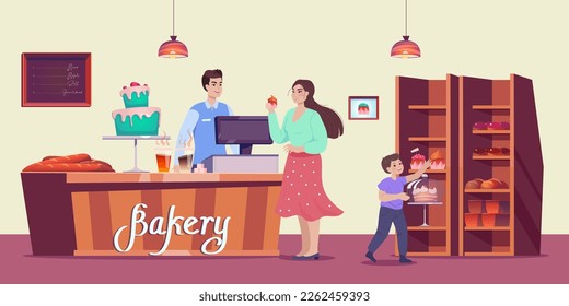 Cartoon mother and son buying cakes at bakery. Woman with cupcake talking to worker at counter flat vector illustration. Bakery or confectionary, food concept for banner or website design