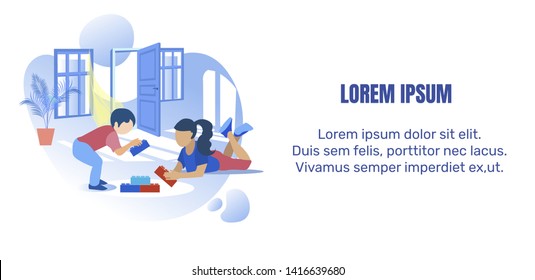 Cartoon Mother and Son Playing Building Blocks and Assembling Constructor Together in Playroom. Flat Banner with Motivational Editable Title and Text. Motherhood, Nurture and Care. Vector Illustration