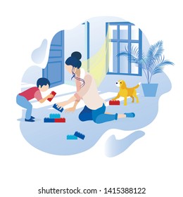 Cartoon Mother And Son Playing With Toy Building Blocks At Home. Happy Family And Dog In Room. Parent And Child Having Good Time Together. Vector Flat People Characters Isolated Illustration