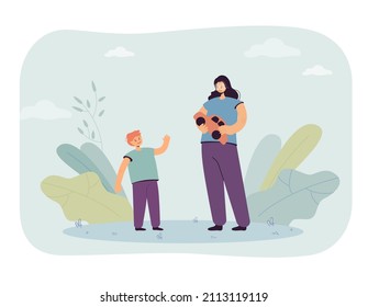 Cartoon mother and son playing with toy car together. Boy waving at woman holding small plastic vehicle flat vector illustration. Family, childhood, entertainment concept for banner or landing page