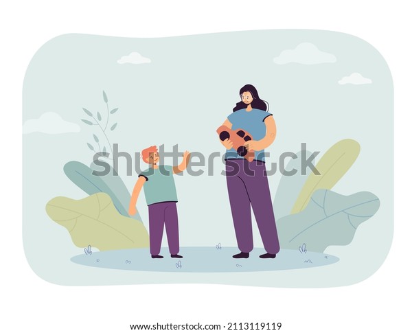 Cartoon mother and son playing with toy car
together. Boy waving at woman holding small plastic vehicle flat
vector illustration. Family, childhood, entertainment concept for
banner or landing page