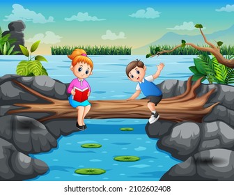 Cartoon mother and son studying and relaxing on the log