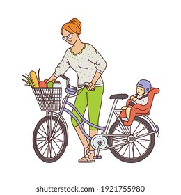 Cartoon Mother Standing Near Bike With Groceries In Basket And Child On Baby Seat - Woman Putting Food From Grocery Shopping. Flat Isolated Vector Illustration