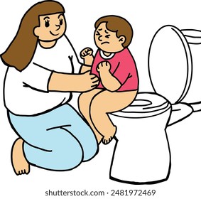 Cartoon mother teaching child to sit on the toilet There is a son sitting and pushing out his stool.