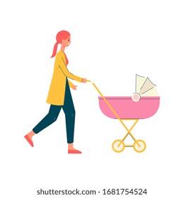 Cartoon mother walking and pushing a pink pram stroller isolated on white background - young woman taking a walk with her baby. Flat vector illustration.