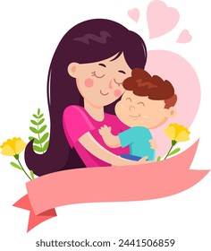 Cartoon Mother's Day Banner Template, Mother Embracing A Son. Vector Illustration Flat Design Isolated On Transparent Background