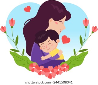 Cartoon Mother's Day Banner Template, Mother Embracing A Son. Vector Illustration Flat Design Isolated On Transparent Background