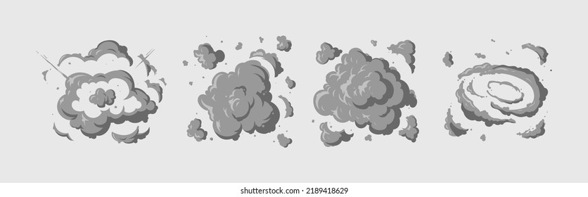 Explosiones en movimiento de caricatura. Explosión animada disparada, detonación de fuego. Conjunto de ilustración vectorial de marcos de efecto de explosión. Animación de dibujos animados de explosiones, movimiento de boom, explorar efecto