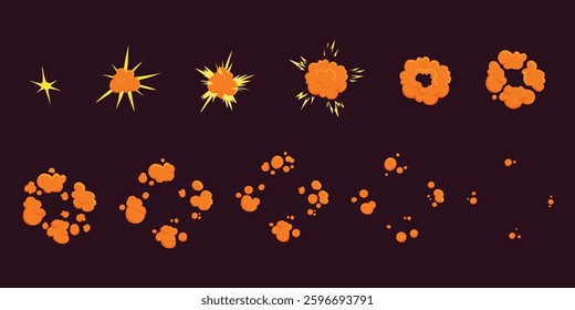 Cartoon motion explosions. Animated explosion shot, explode fire frames. Exploding effect frames vector illustration set. Explosion cartoon animation, boom movement, explore effect