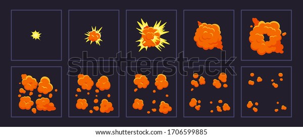 カートーンのモーション爆発 爆発のアニメーションショット 火のフレームを分解します エフェクトフレームのベクターイラストセットを分解する 爆発の アニメーション ブームの動き エフェクトの探索 のベクター画像素材 ロイヤリティフリー