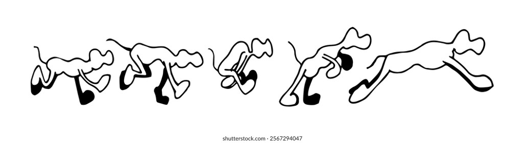 Cartoon motion movements progress poses of a dog running and jumping. Profile view. Sketch black lines vector illustration, drawing.