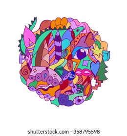 Cartoon motley vector  doodles. Hand made sketch. Drawing of a circle.