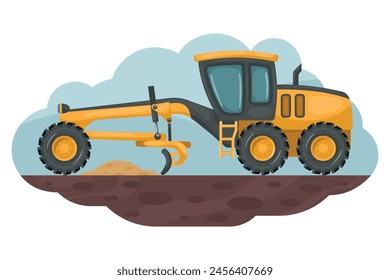 Cartoon of motor grader leveling the ground. Heavy machinery used in the construction and mining industry