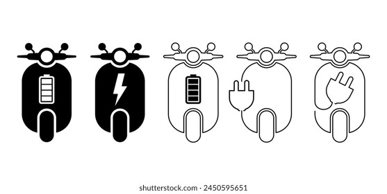 Cartoon-Motorroller. Elektroroller oder E-Scooter. Batterieladung für Ladepunkt der Abbuchung. Modernes Ökologiefahrzeug, e Scooter Logo. Motorrad oder Motorrad. Elektromotorrad oder Fahrrad.