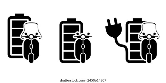 Cartoon motor scooter. Electric scooter or e-scooter. Battery charging for Charge charging point. Modern ecology vehicle, e scooter logo. Motorcycle or motor bike. Electric motor bicycle or bike.