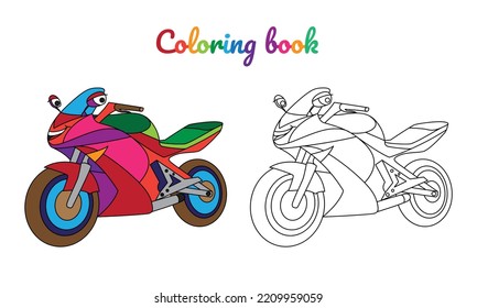 Cartoon motorbike for boys. Small funny vector cute vehicle with eyes and mouth. Comic character for kids on white background. Coloring page for children, color and linear illustration.