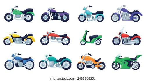 Cartoon motorbike set. Motorcycle colorful icons. Bikes motorcycle for sport and transportation. Urban vehicle, delivery transport nowaday vector clipart